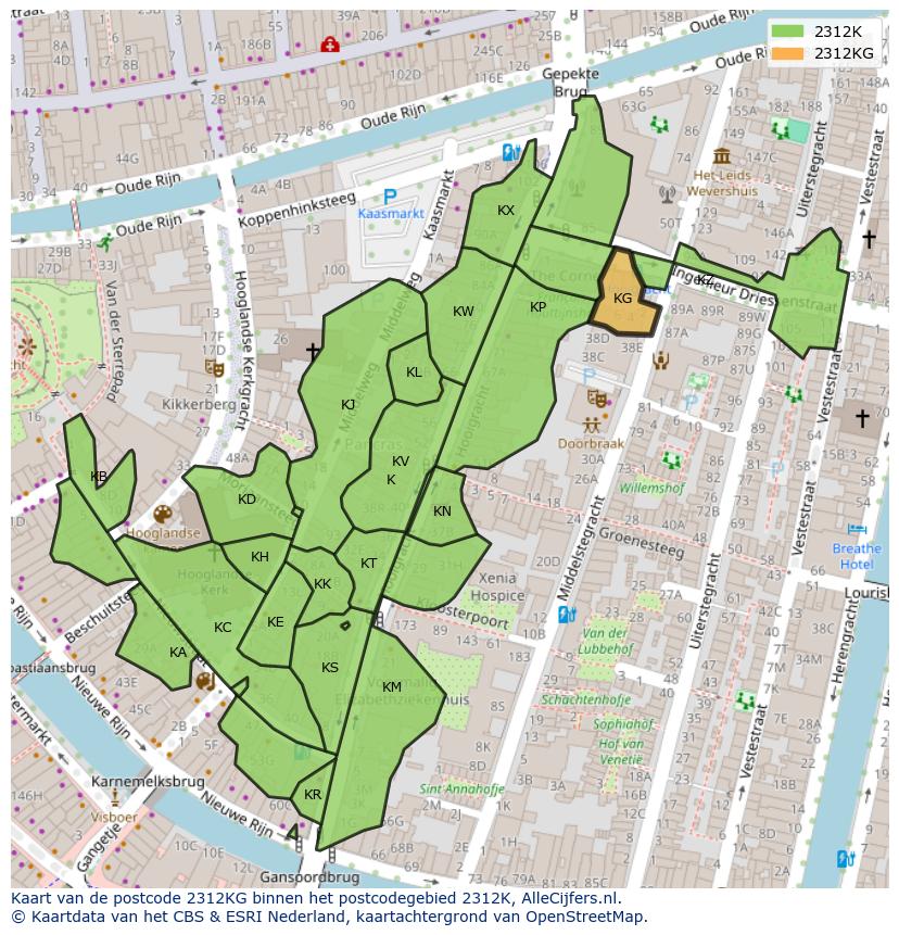 Afbeelding van het postcodegebied 2312 KG op de kaart.