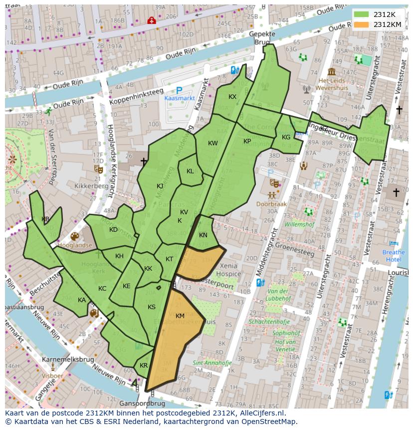 Afbeelding van het postcodegebied 2312 KM op de kaart.