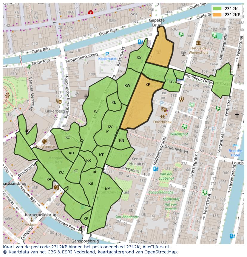 Afbeelding van het postcodegebied 2312 KP op de kaart.