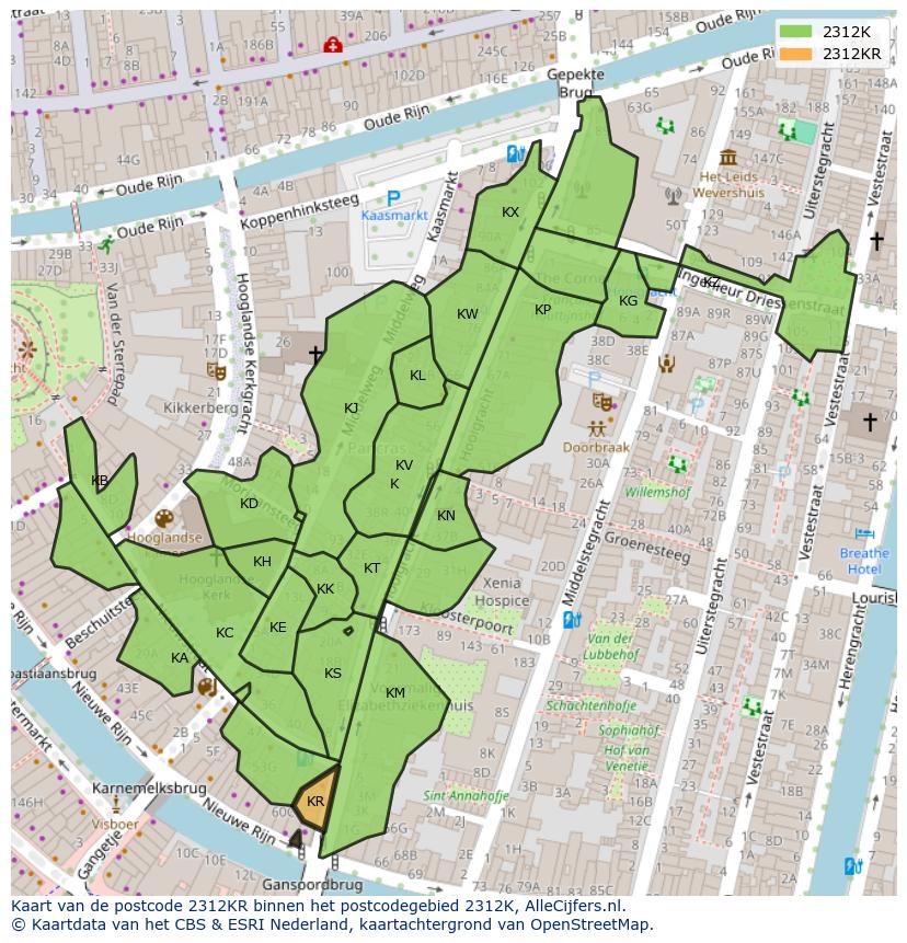 Afbeelding van het postcodegebied 2312 KR op de kaart.
