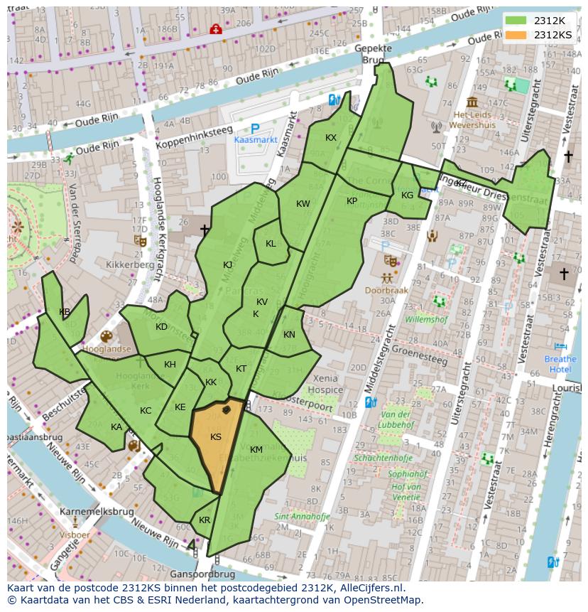 Afbeelding van het postcodegebied 2312 KS op de kaart.