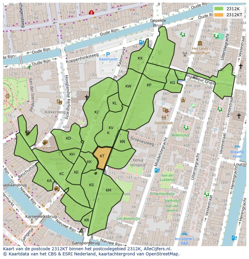 Afbeelding van het postcodegebied 2312 KT op de kaart.
