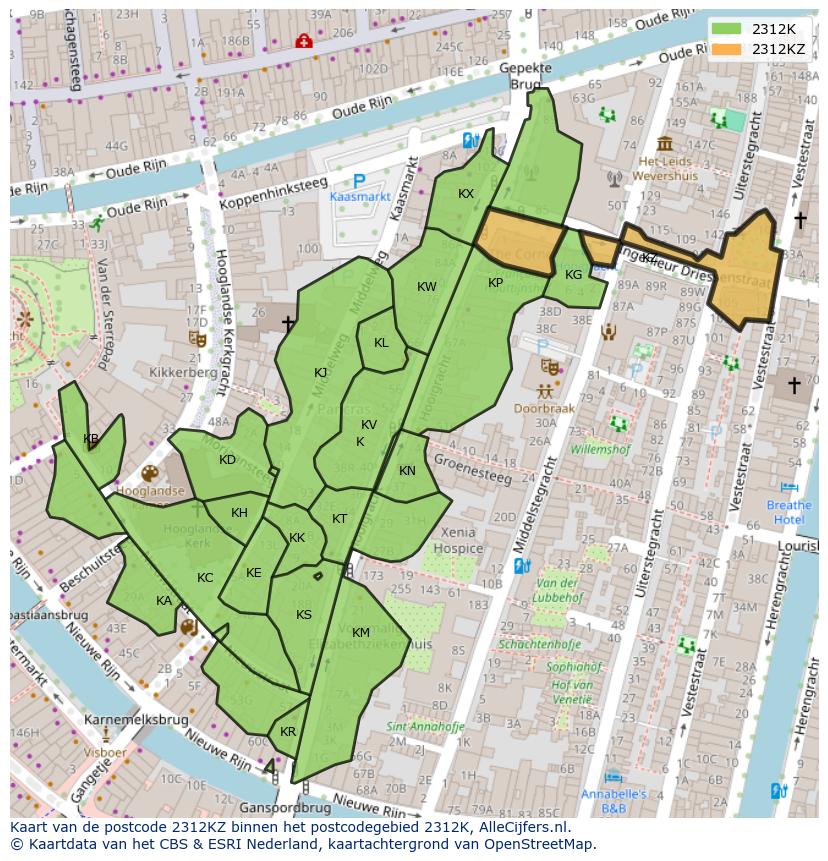 Afbeelding van het postcodegebied 2312 KZ op de kaart.