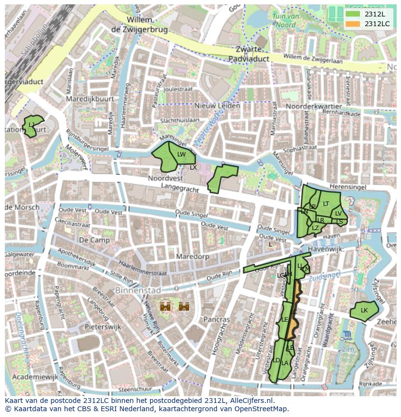 Afbeelding van het postcodegebied 2312 LC op de kaart.