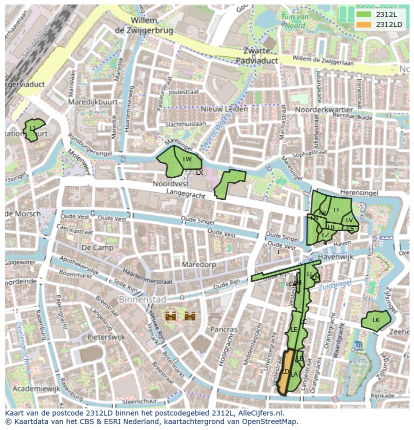 Afbeelding van het postcodegebied 2312 LD op de kaart.