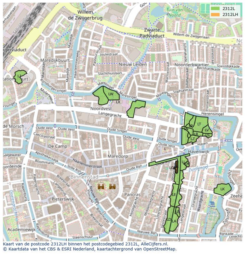 Afbeelding van het postcodegebied 2312 LH op de kaart.