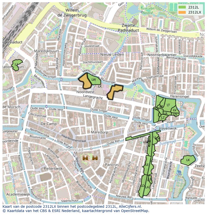Afbeelding van het postcodegebied 2312 LX op de kaart.