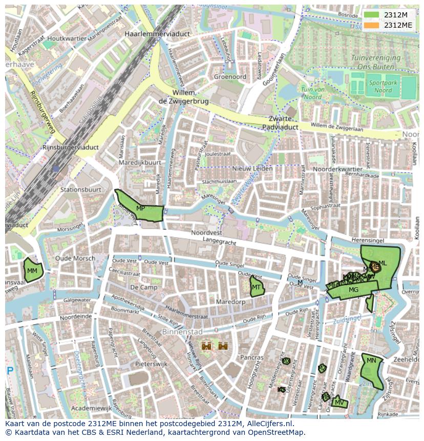 Afbeelding van het postcodegebied 2312 ME op de kaart.