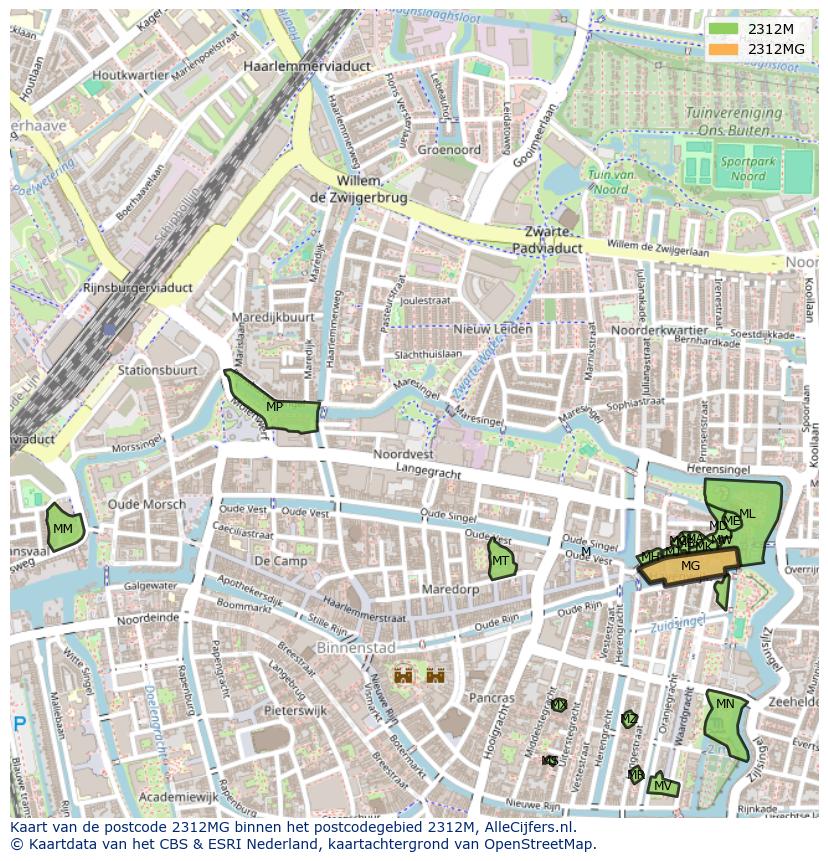 Afbeelding van het postcodegebied 2312 MG op de kaart.