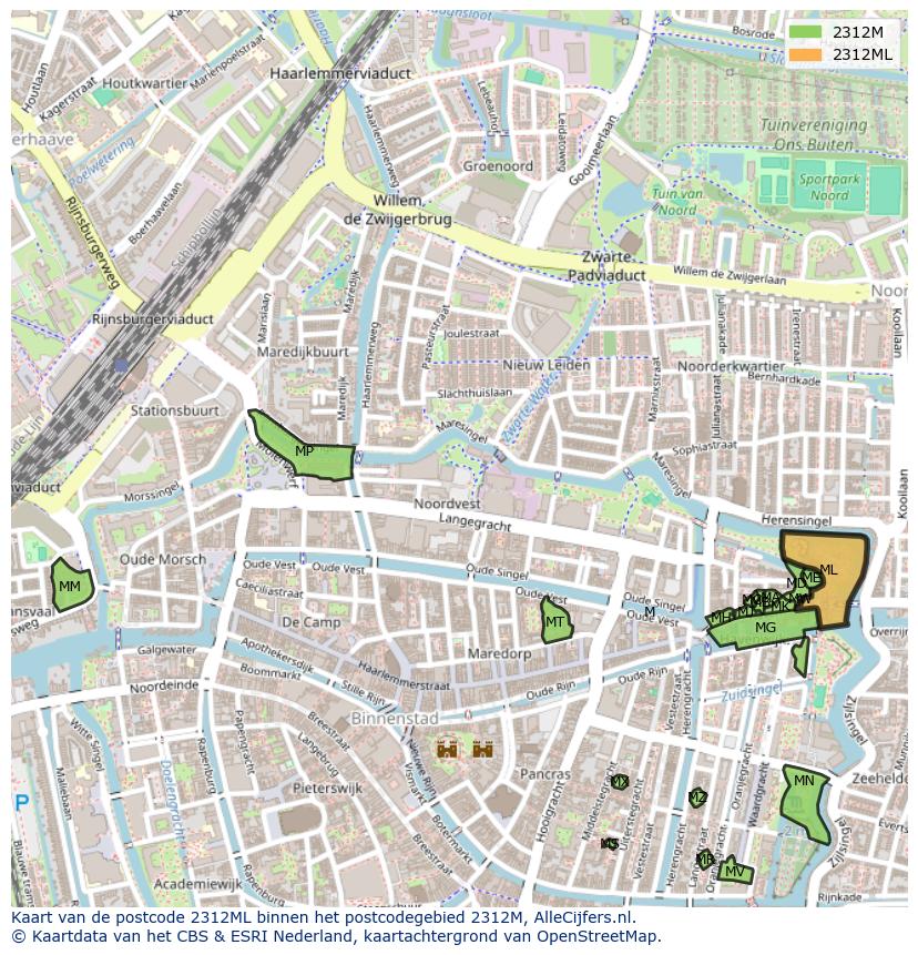 Afbeelding van het postcodegebied 2312 ML op de kaart.