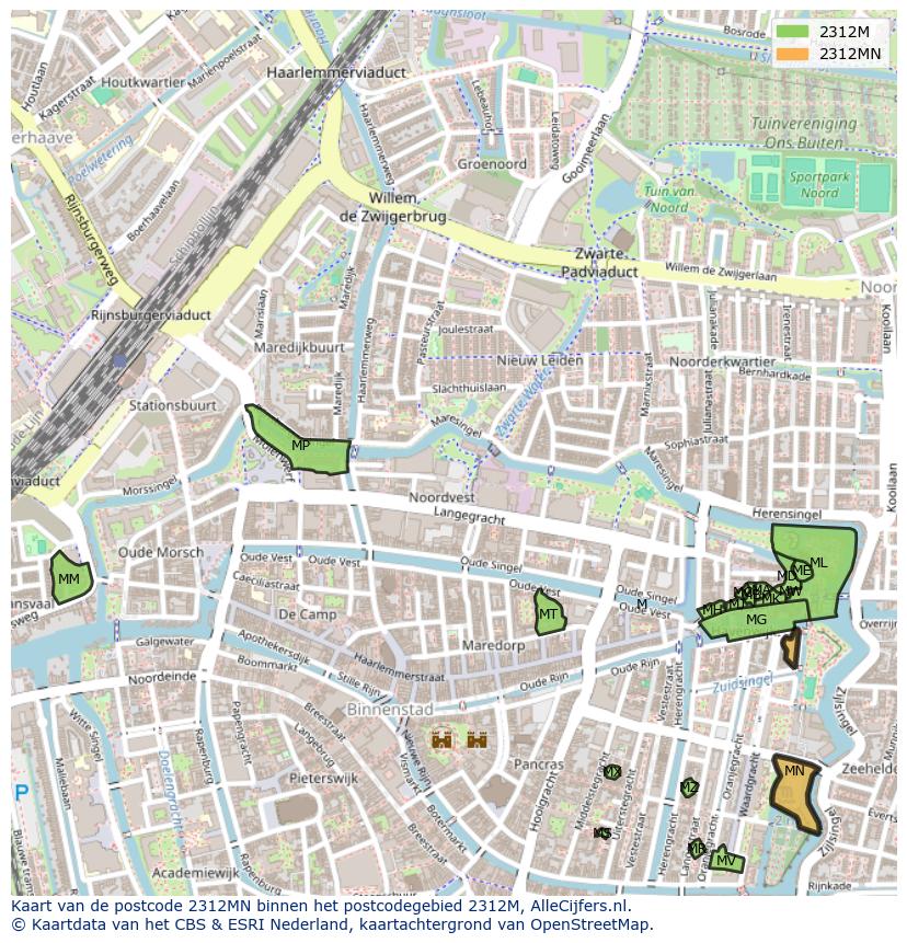 Afbeelding van het postcodegebied 2312 MN op de kaart.