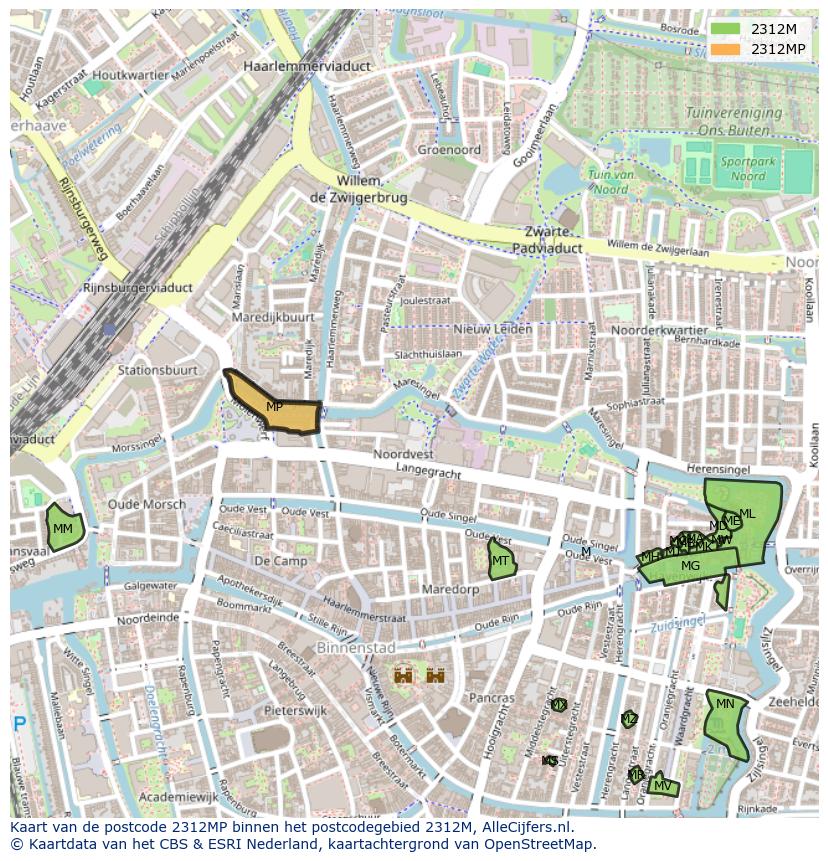 Afbeelding van het postcodegebied 2312 MP op de kaart.