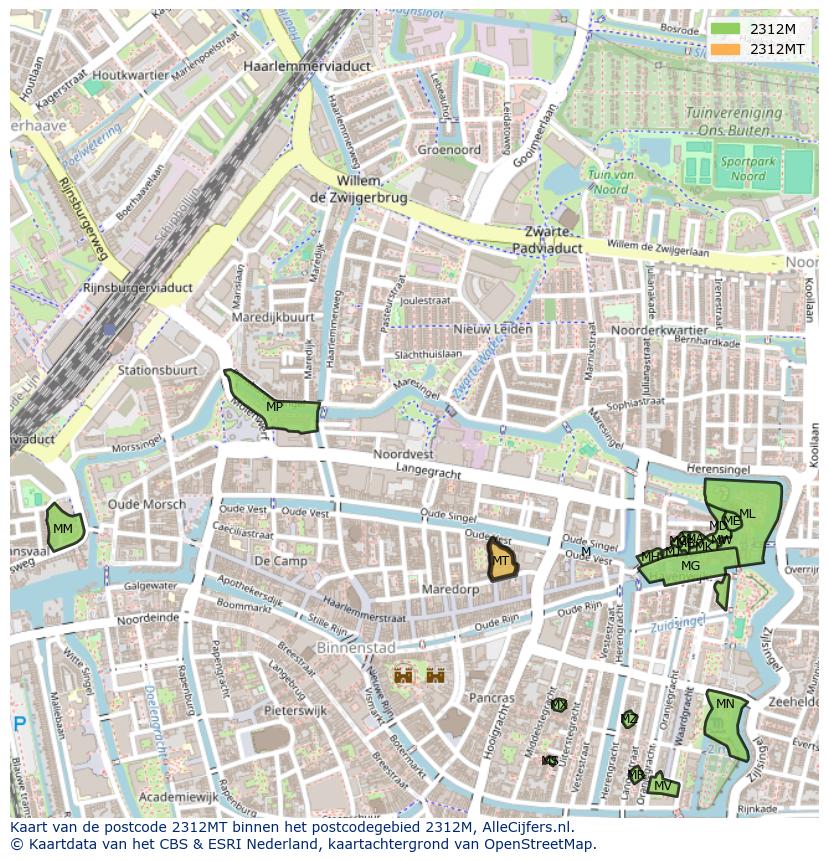 Afbeelding van het postcodegebied 2312 MT op de kaart.
