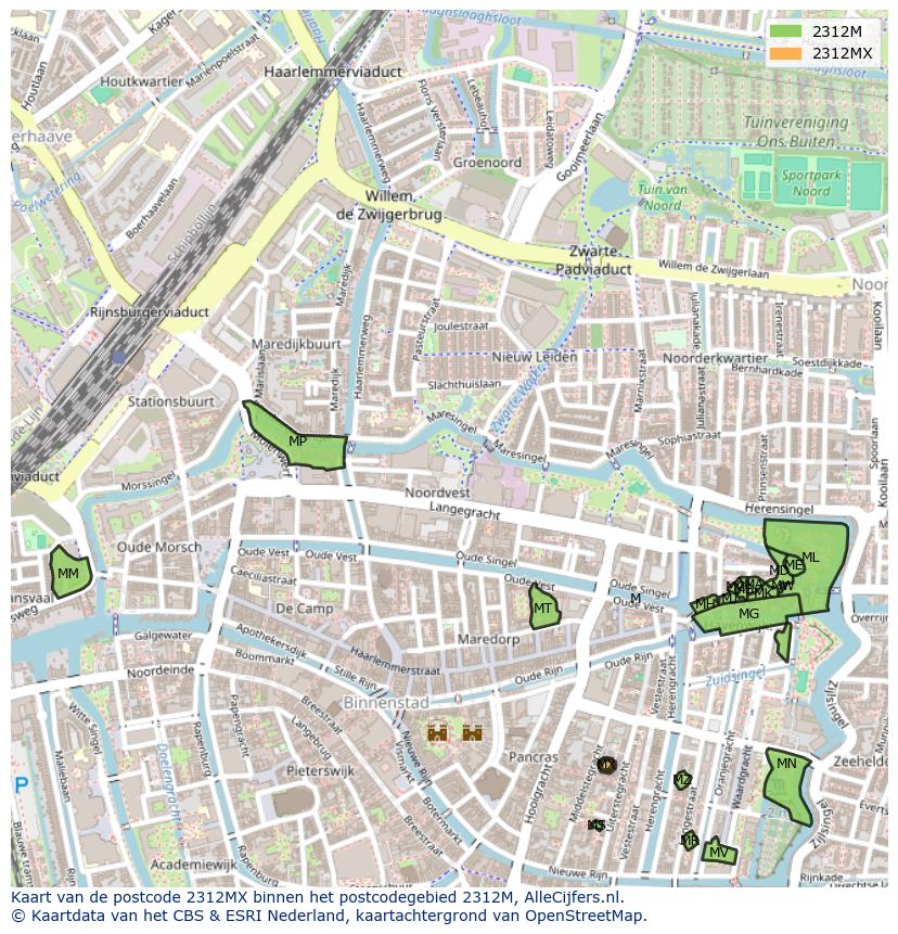 Afbeelding van het postcodegebied 2312 MX op de kaart.
