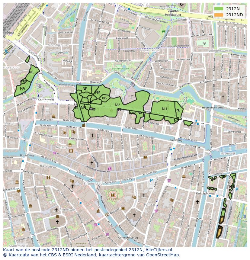Afbeelding van het postcodegebied 2312 ND op de kaart.