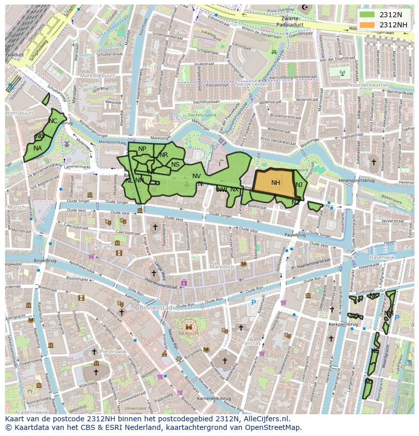Afbeelding van het postcodegebied 2312 NH op de kaart.