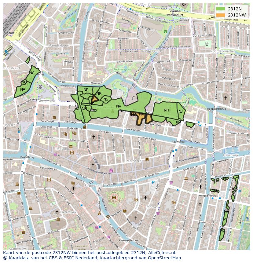 Afbeelding van het postcodegebied 2312 NW op de kaart.