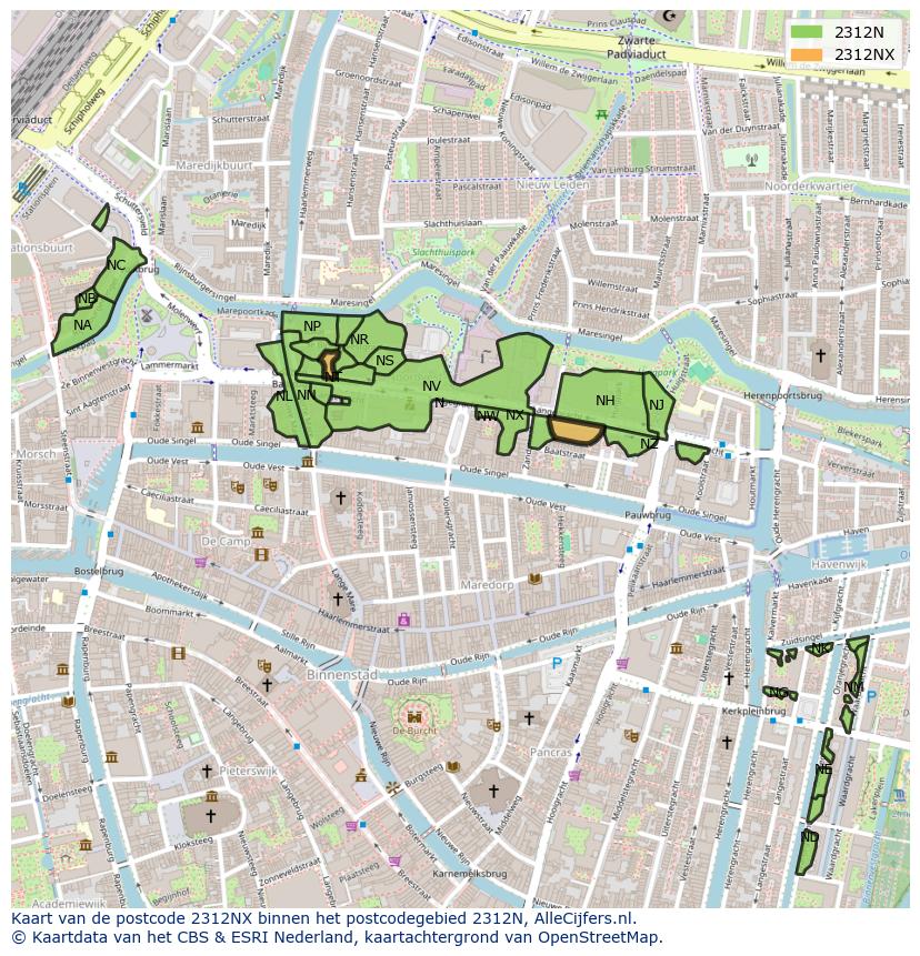 Afbeelding van het postcodegebied 2312 NX op de kaart.