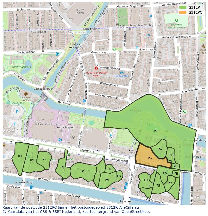 Afbeelding van het postcodegebied 2312 PC op de kaart.