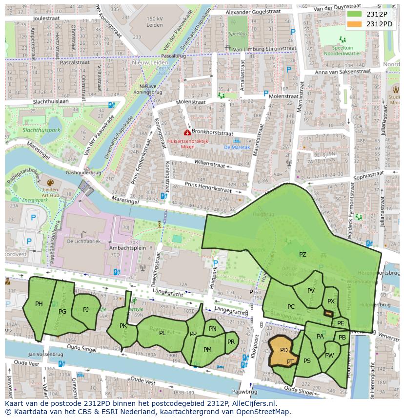 Afbeelding van het postcodegebied 2312 PD op de kaart.