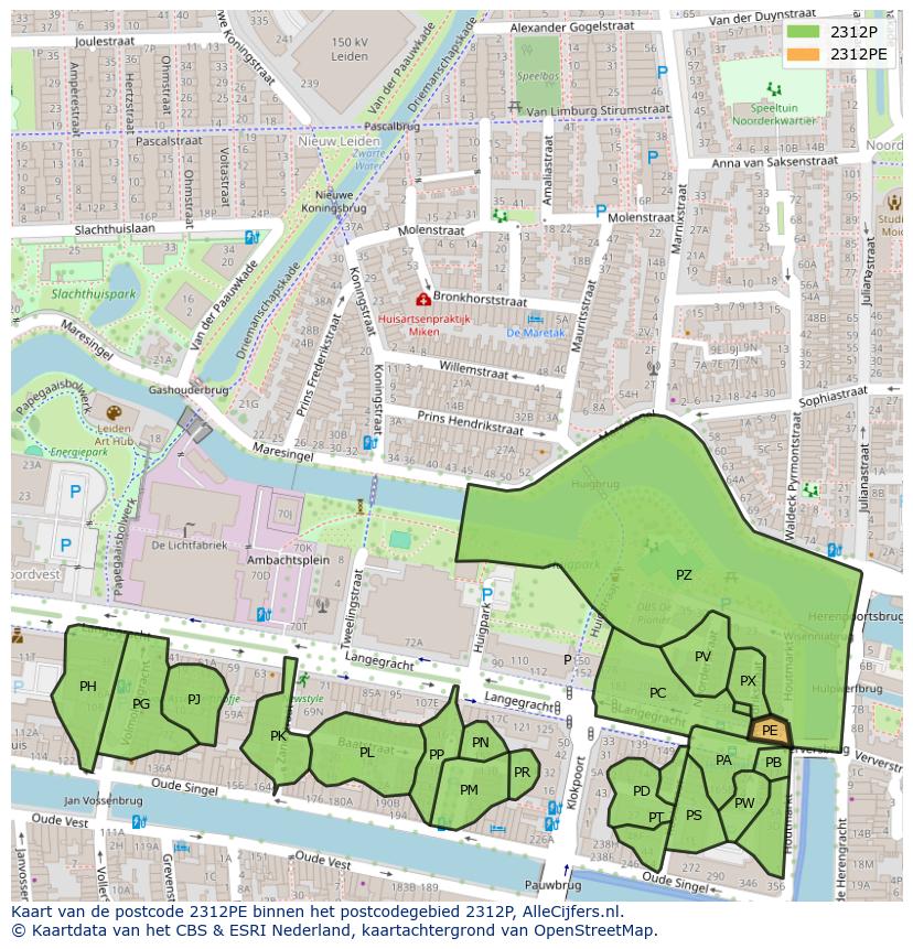 Afbeelding van het postcodegebied 2312 PE op de kaart.