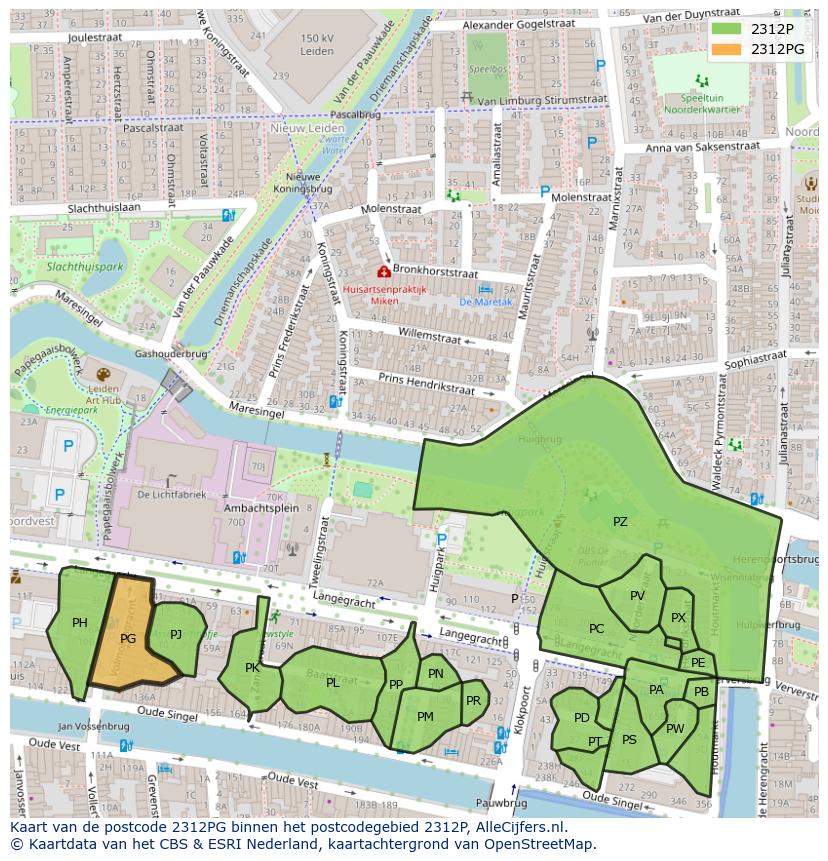 Afbeelding van het postcodegebied 2312 PG op de kaart.