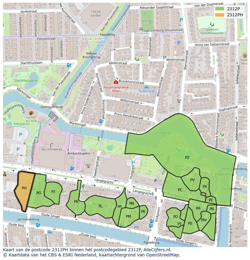 Afbeelding van het postcodegebied 2312 PH op de kaart.