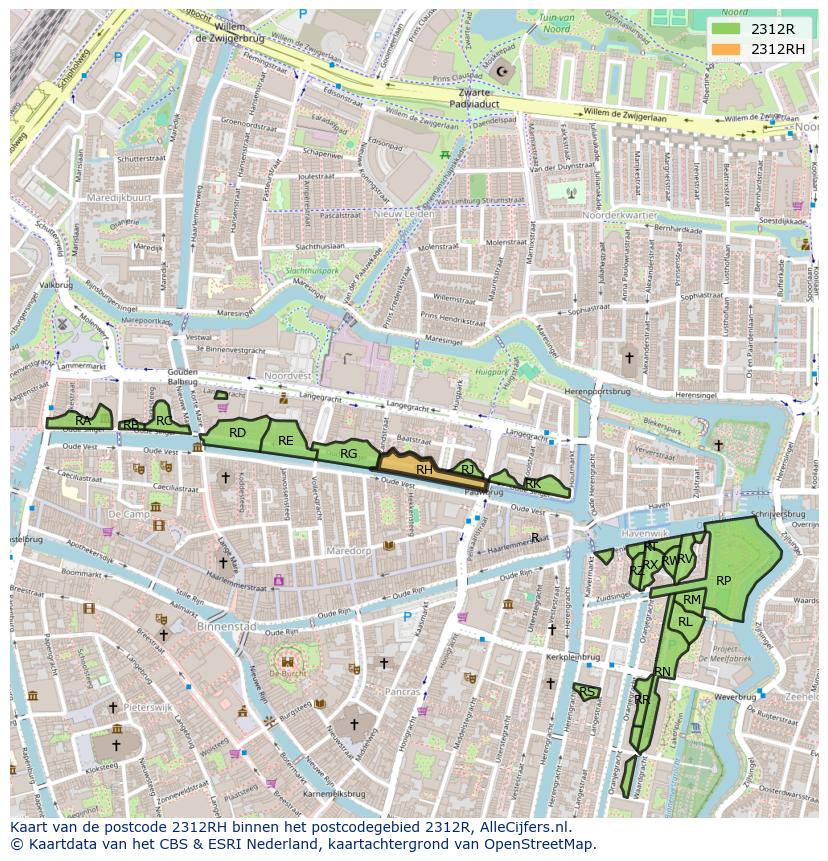 Afbeelding van het postcodegebied 2312 RH op de kaart.
