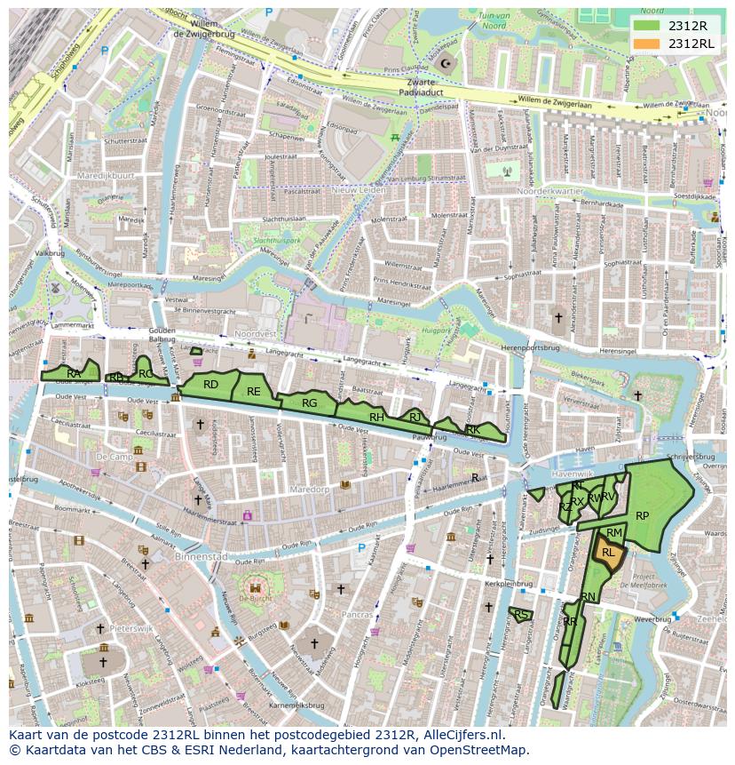 Afbeelding van het postcodegebied 2312 RL op de kaart.