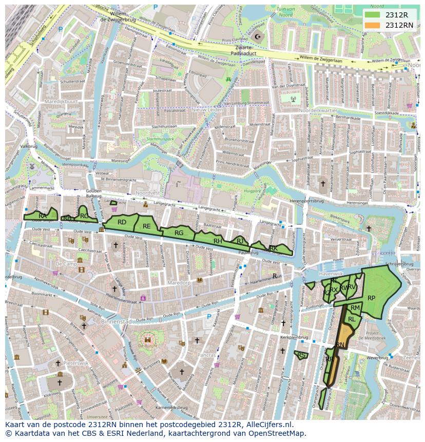 Afbeelding van het postcodegebied 2312 RN op de kaart.