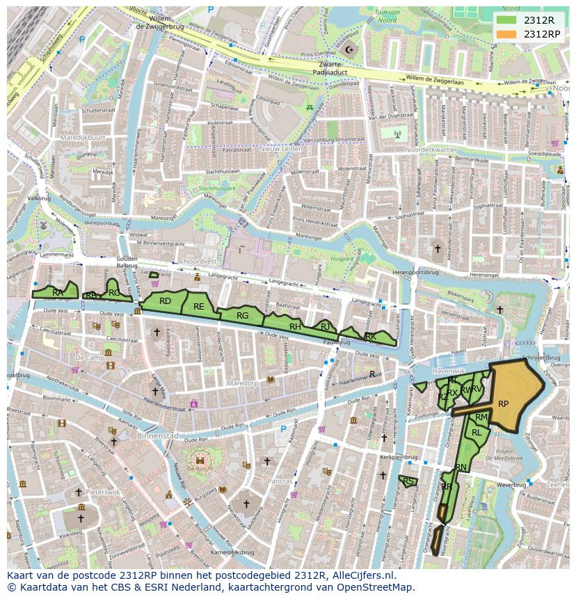 Afbeelding van het postcodegebied 2312 RP op de kaart.