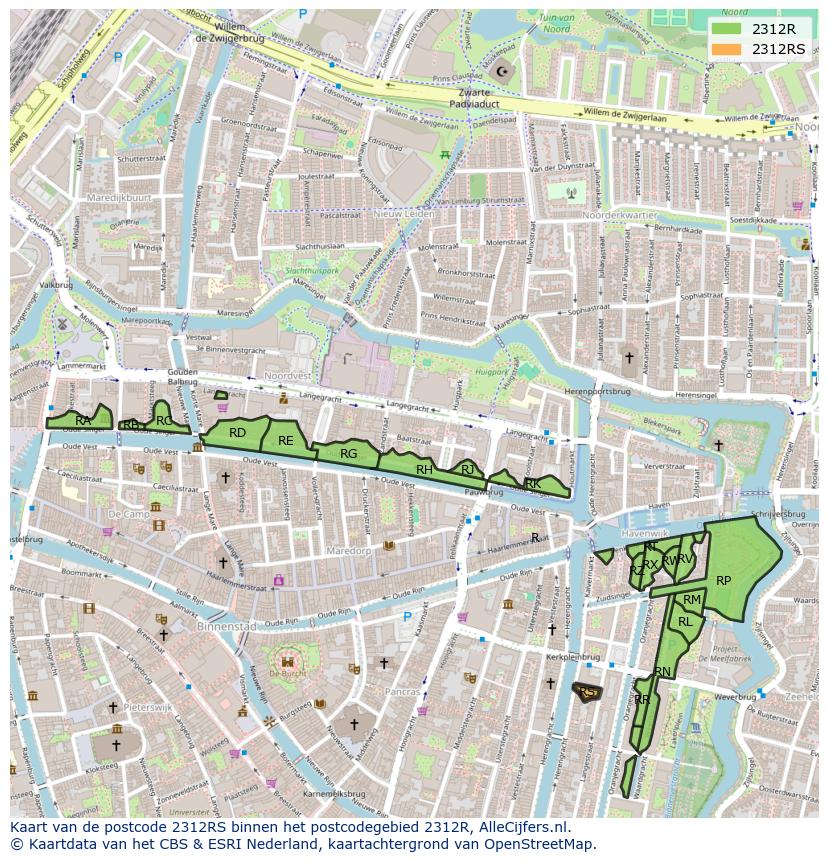 Afbeelding van het postcodegebied 2312 RS op de kaart.