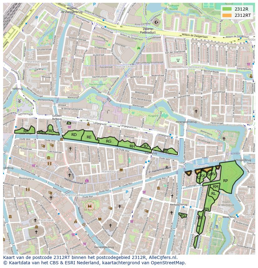 Afbeelding van het postcodegebied 2312 RT op de kaart.