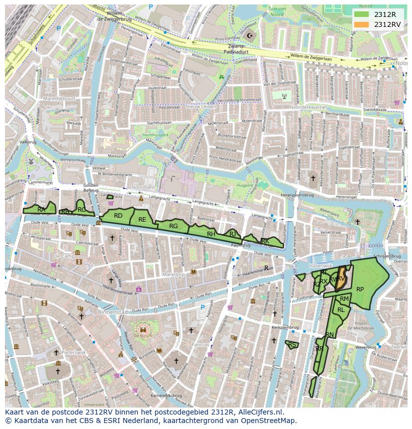 Afbeelding van het postcodegebied 2312 RV op de kaart.