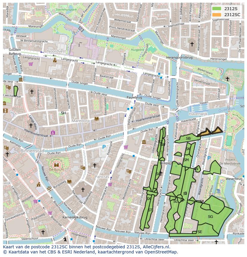 Afbeelding van het postcodegebied 2312 SC op de kaart.