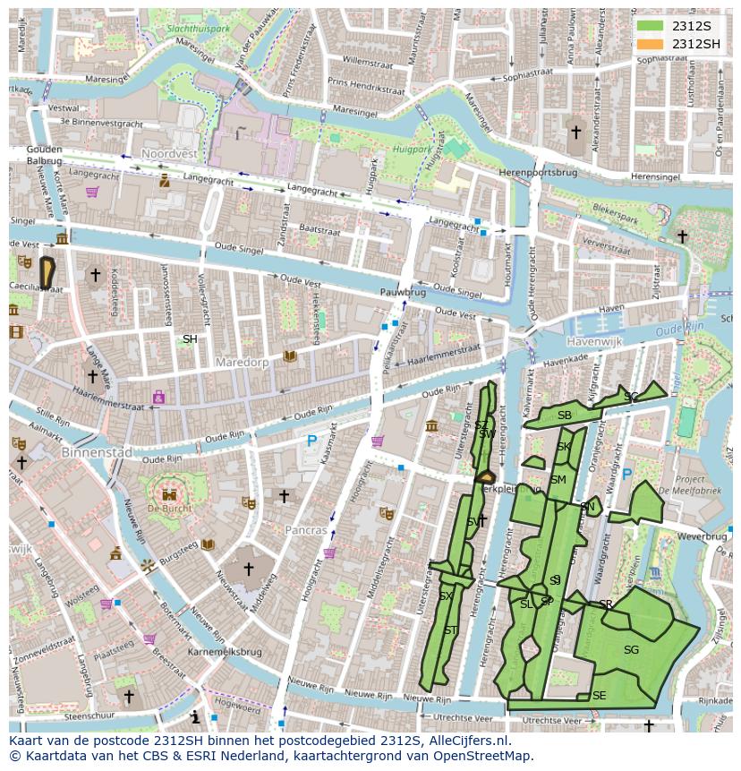 Afbeelding van het postcodegebied 2312 SH op de kaart.