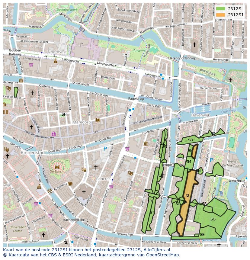 Afbeelding van het postcodegebied 2312 SJ op de kaart.