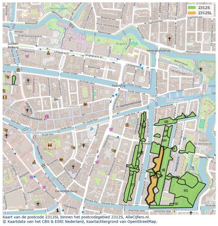 Afbeelding van het postcodegebied 2312 SL op de kaart.