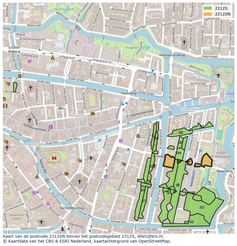 Afbeelding van het postcodegebied 2312 SN op de kaart.