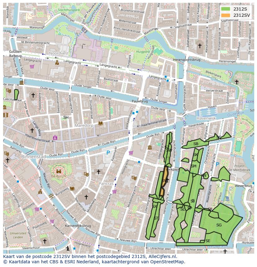 Afbeelding van het postcodegebied 2312 SV op de kaart.