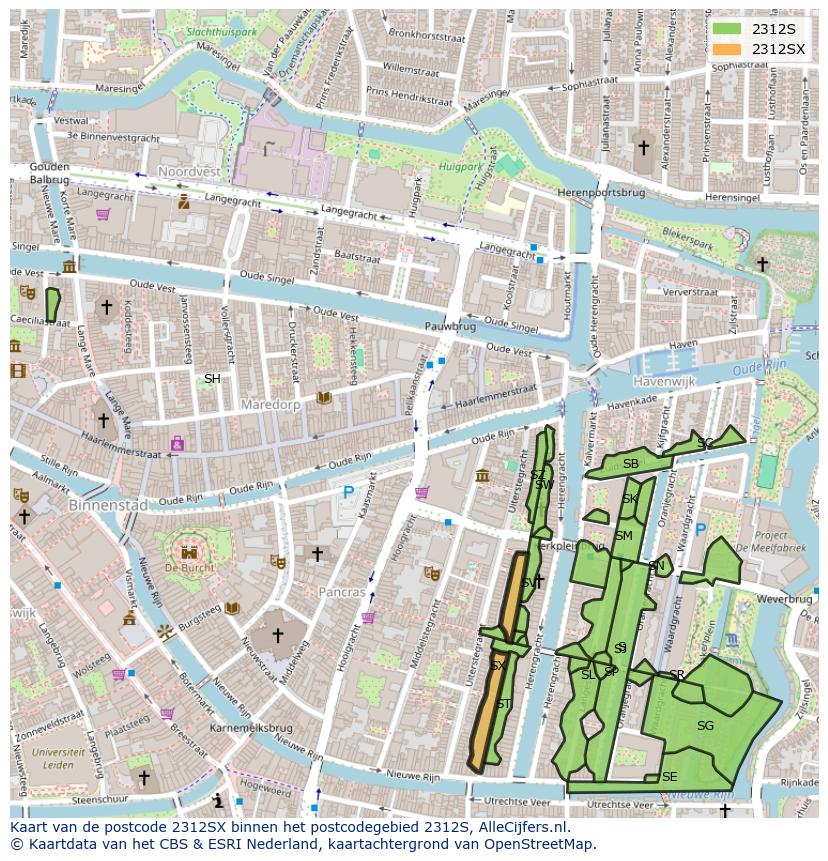 Afbeelding van het postcodegebied 2312 SX op de kaart.