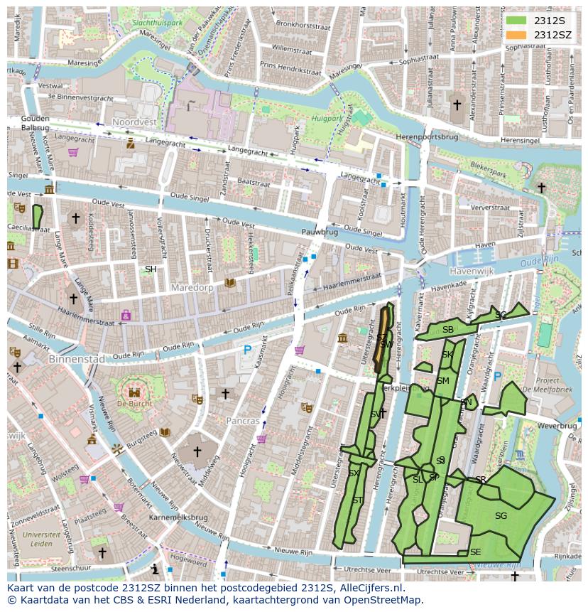 Afbeelding van het postcodegebied 2312 SZ op de kaart.