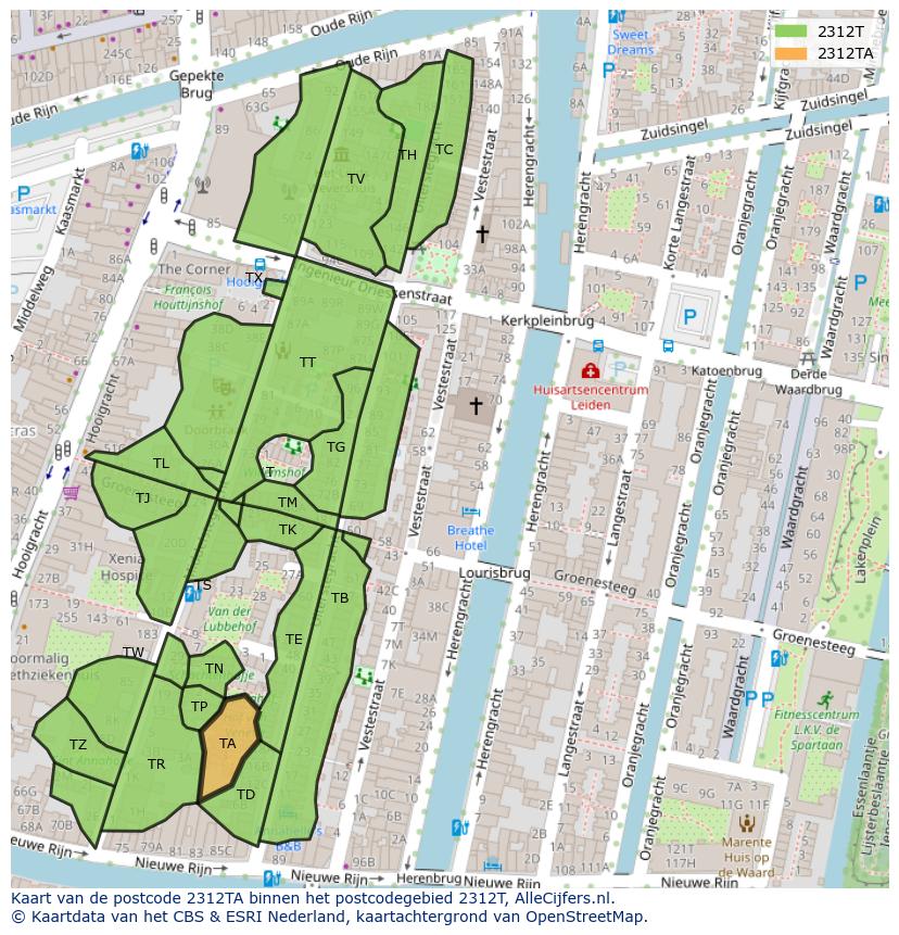 Afbeelding van het postcodegebied 2312 TA op de kaart.