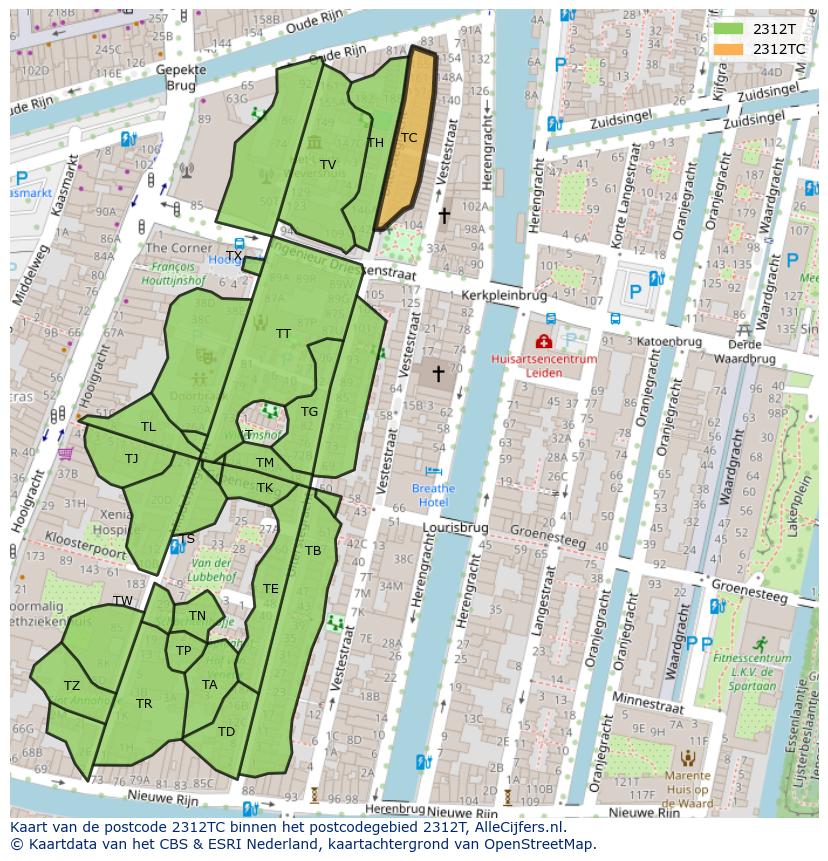 Afbeelding van het postcodegebied 2312 TC op de kaart.