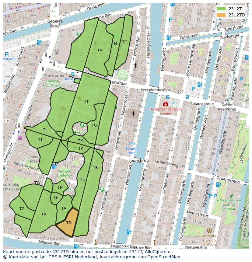 Afbeelding van het postcodegebied 2312 TD op de kaart.