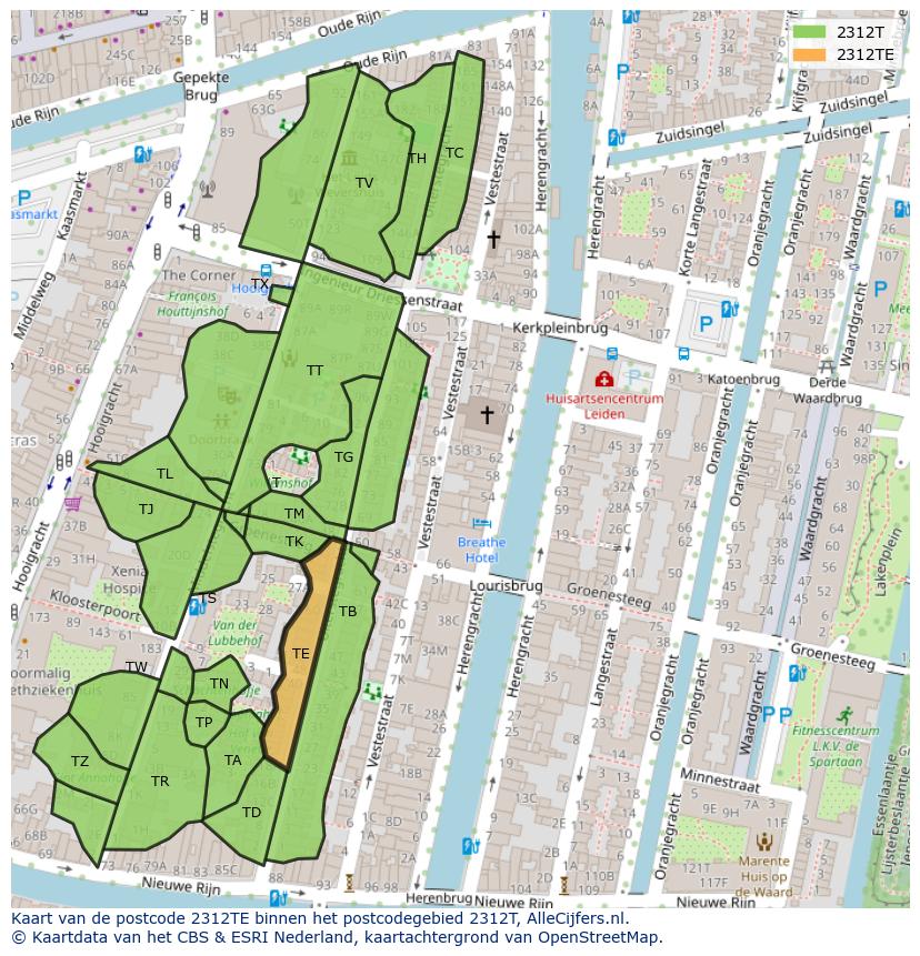 Afbeelding van het postcodegebied 2312 TE op de kaart.