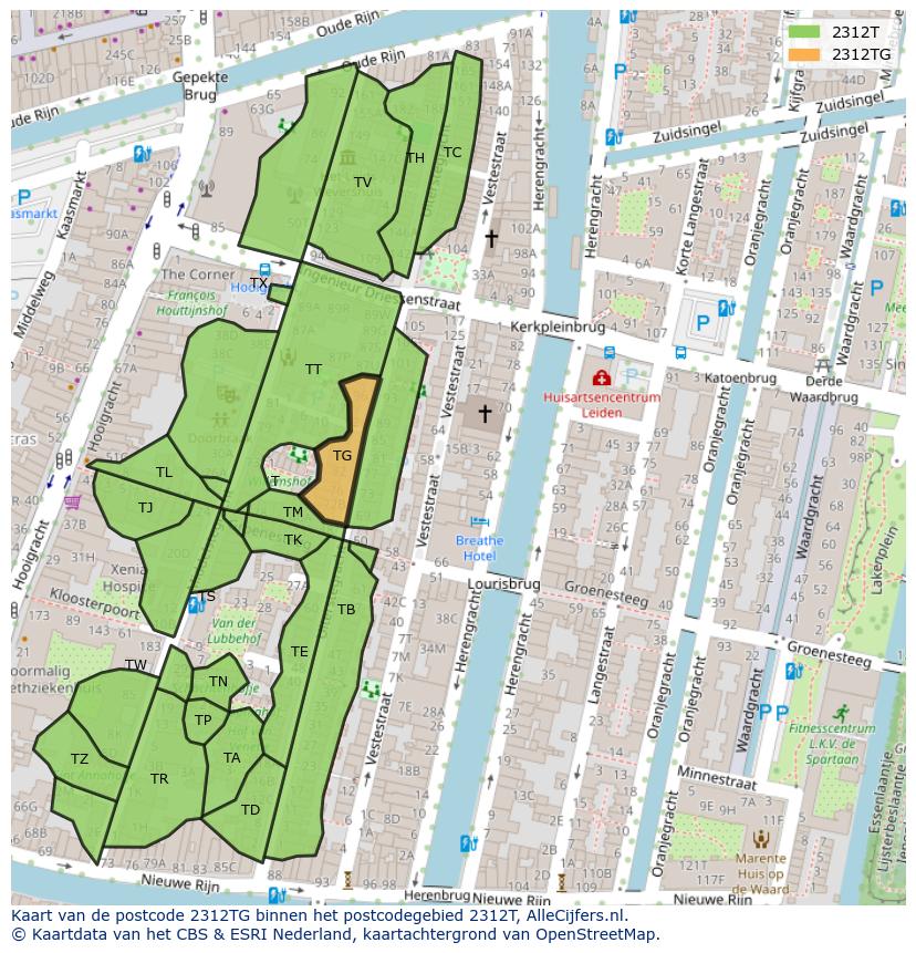 Afbeelding van het postcodegebied 2312 TG op de kaart.