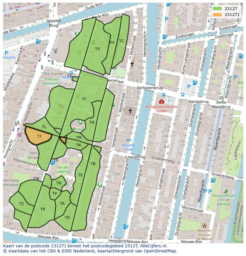 Afbeelding van het postcodegebied 2312 TJ op de kaart.
