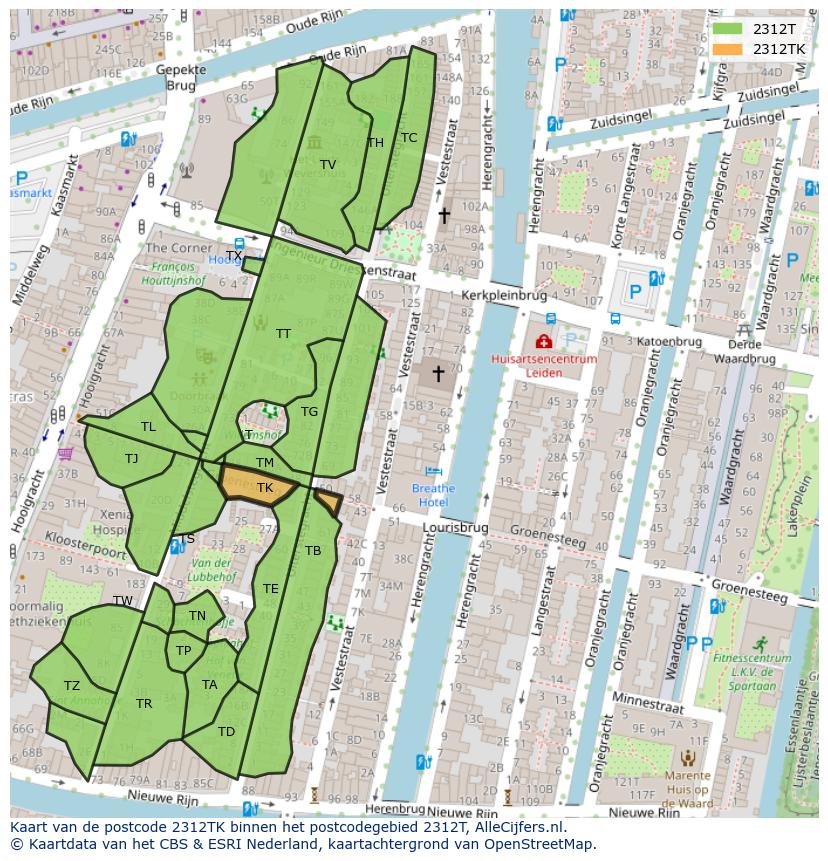 Afbeelding van het postcodegebied 2312 TK op de kaart.