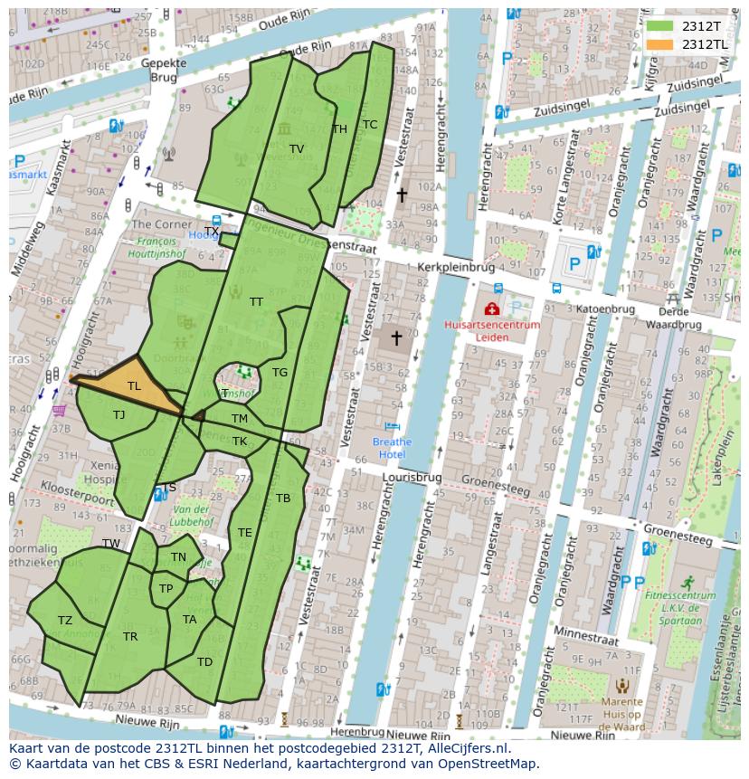 Afbeelding van het postcodegebied 2312 TL op de kaart.